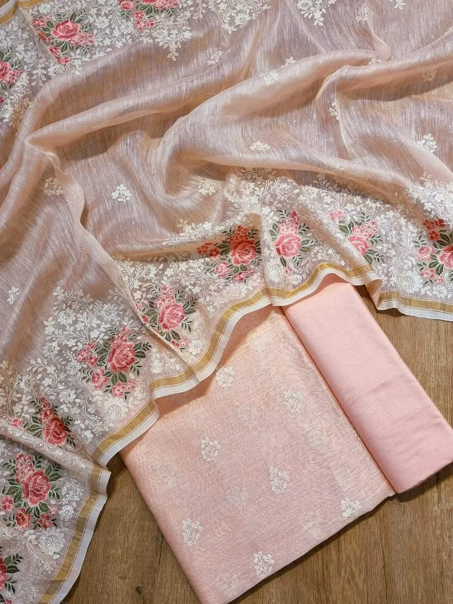 Pure Silk Linen Suit Set with Exquisite Floral Embroidery Work